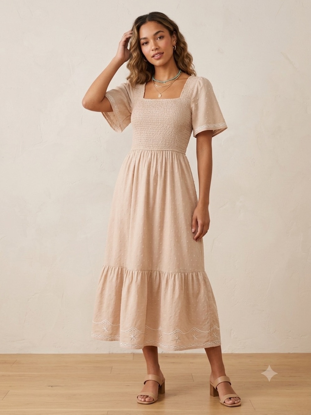 Square Neck Smocked Midi Dress in Beige